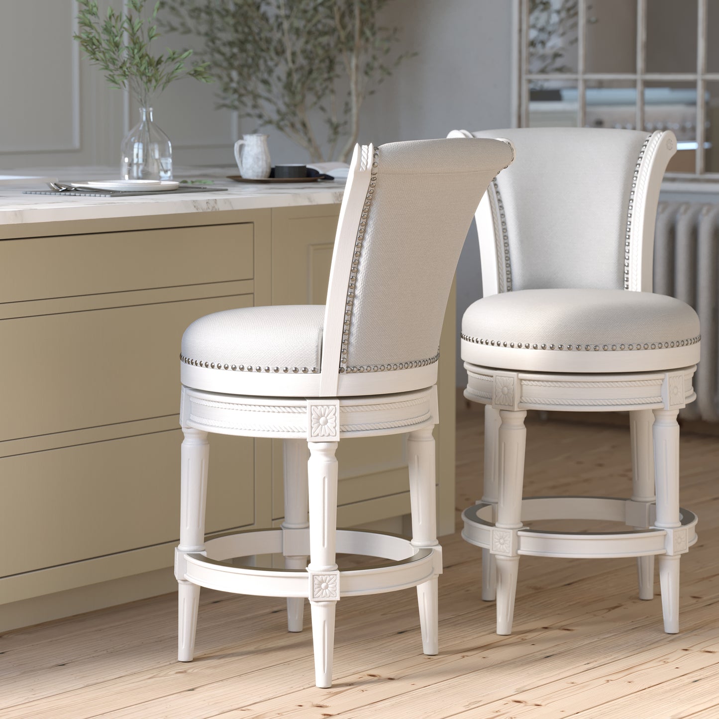 Charlotte Swivel Barstool in White with Grey Fabric