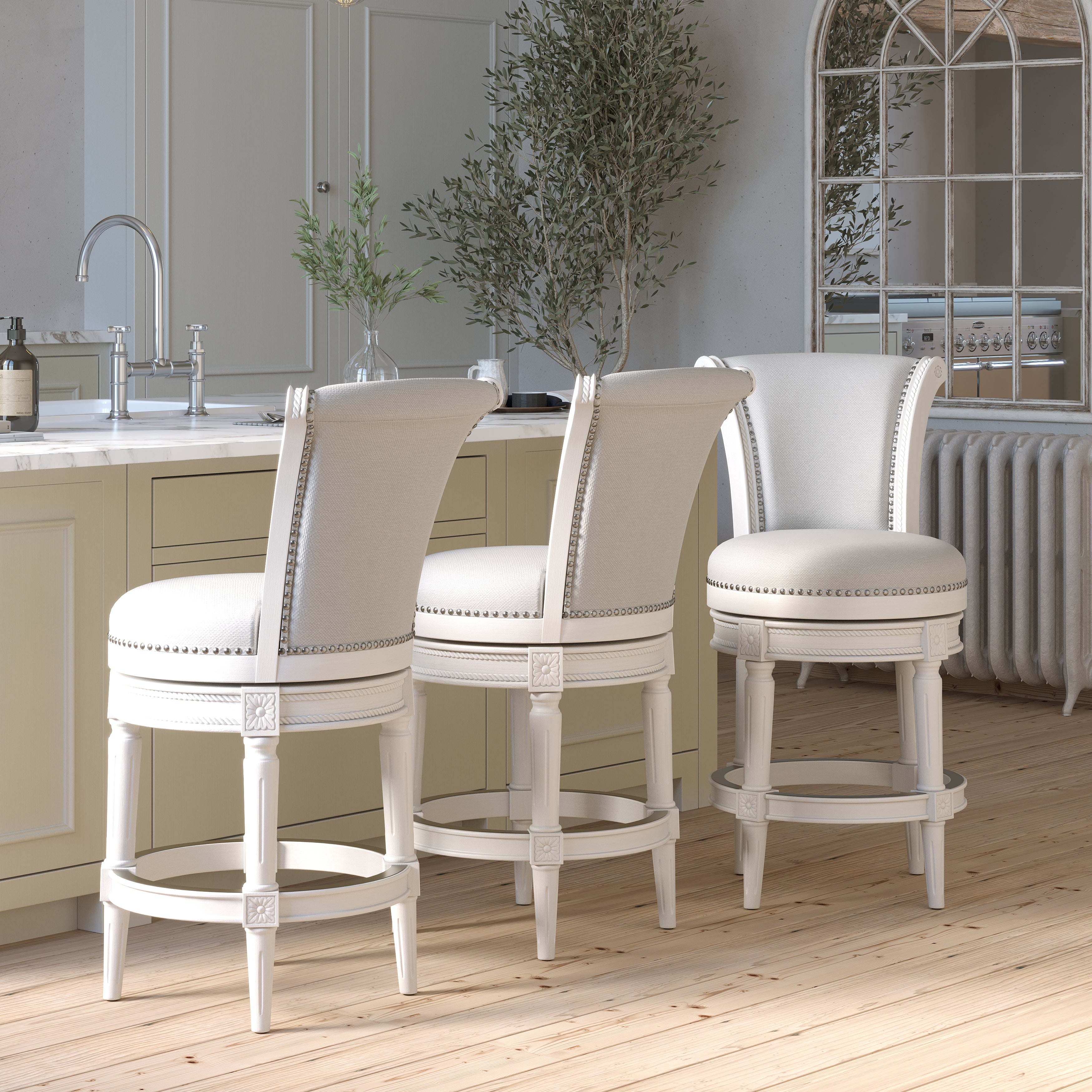 Charlotte Swivel Barstool in White with Grey Fabric