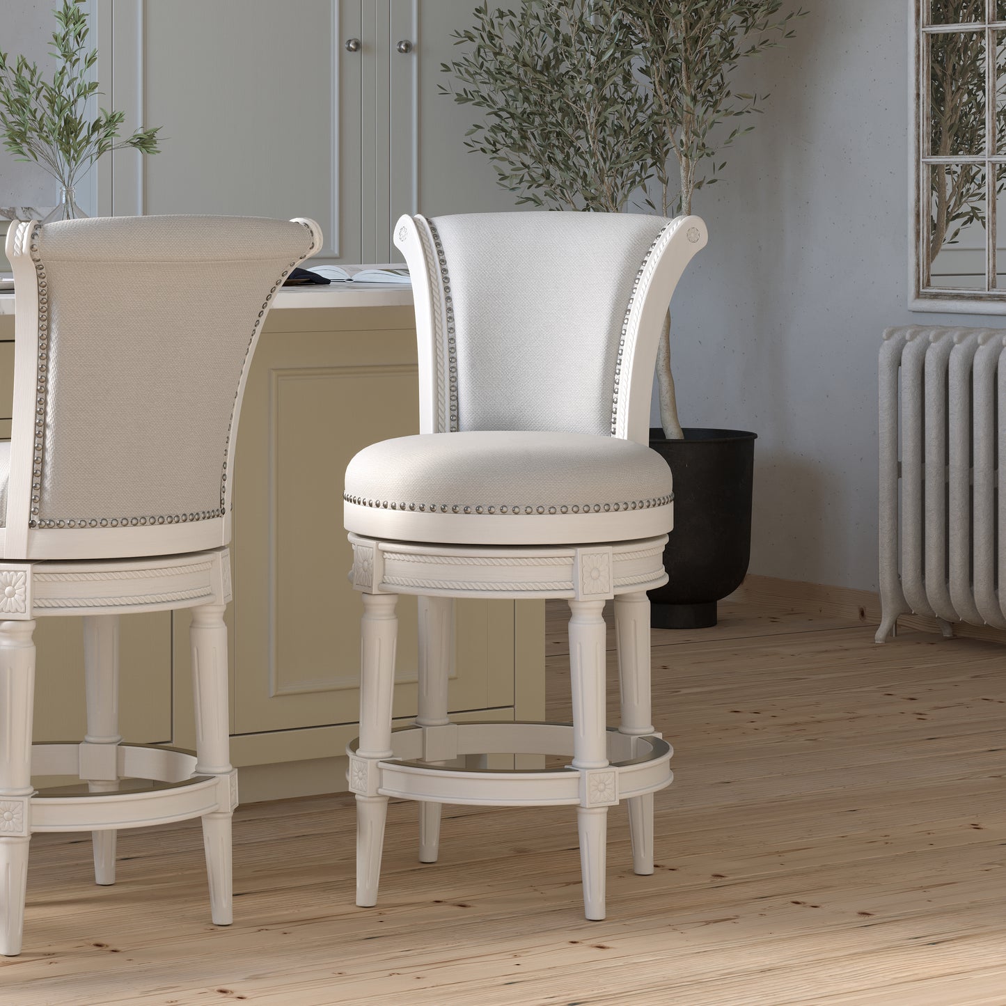 Charlotte Swivel Barstool in White with Grey Fabric