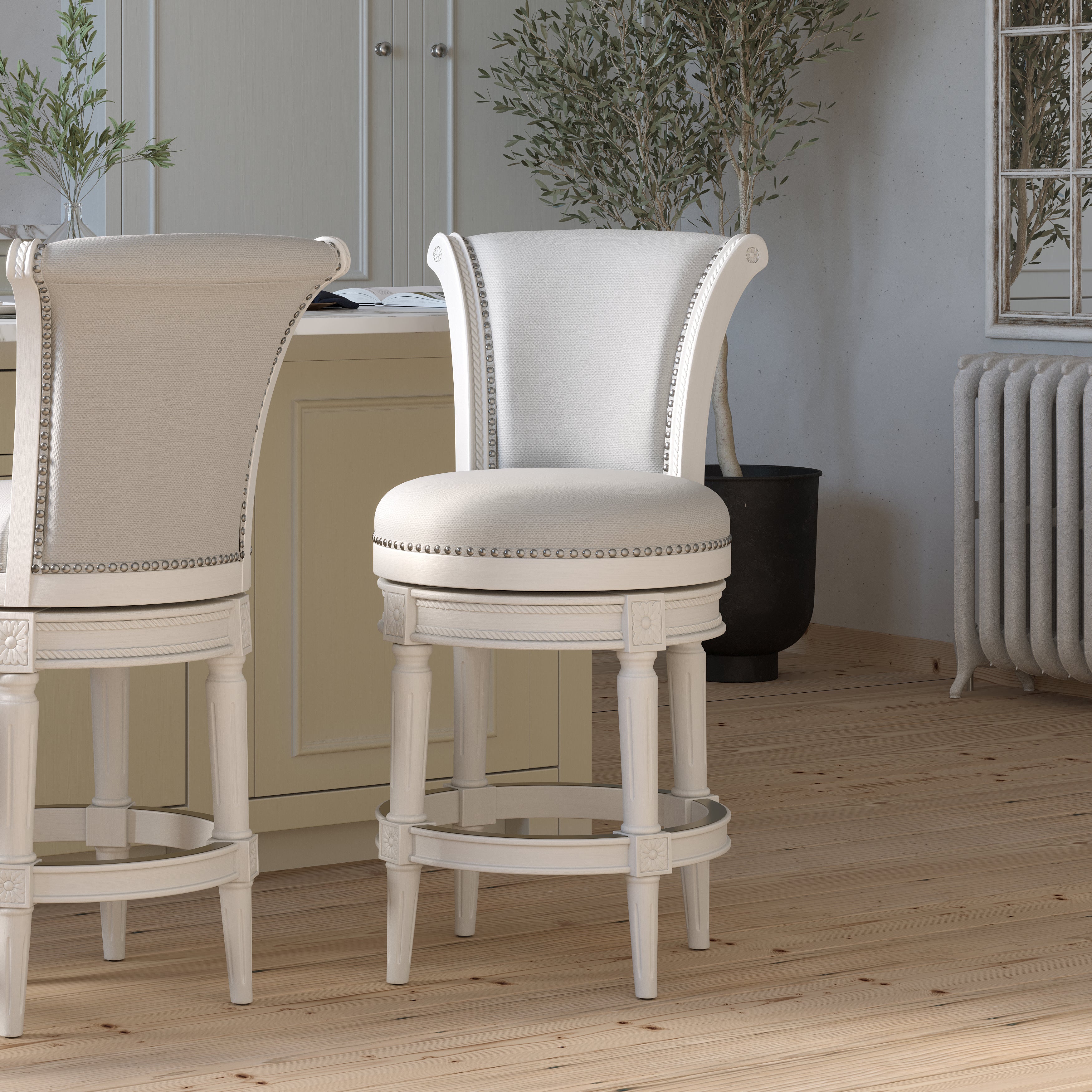 Charlotte Swivel Barstool in White with Grey Fabric