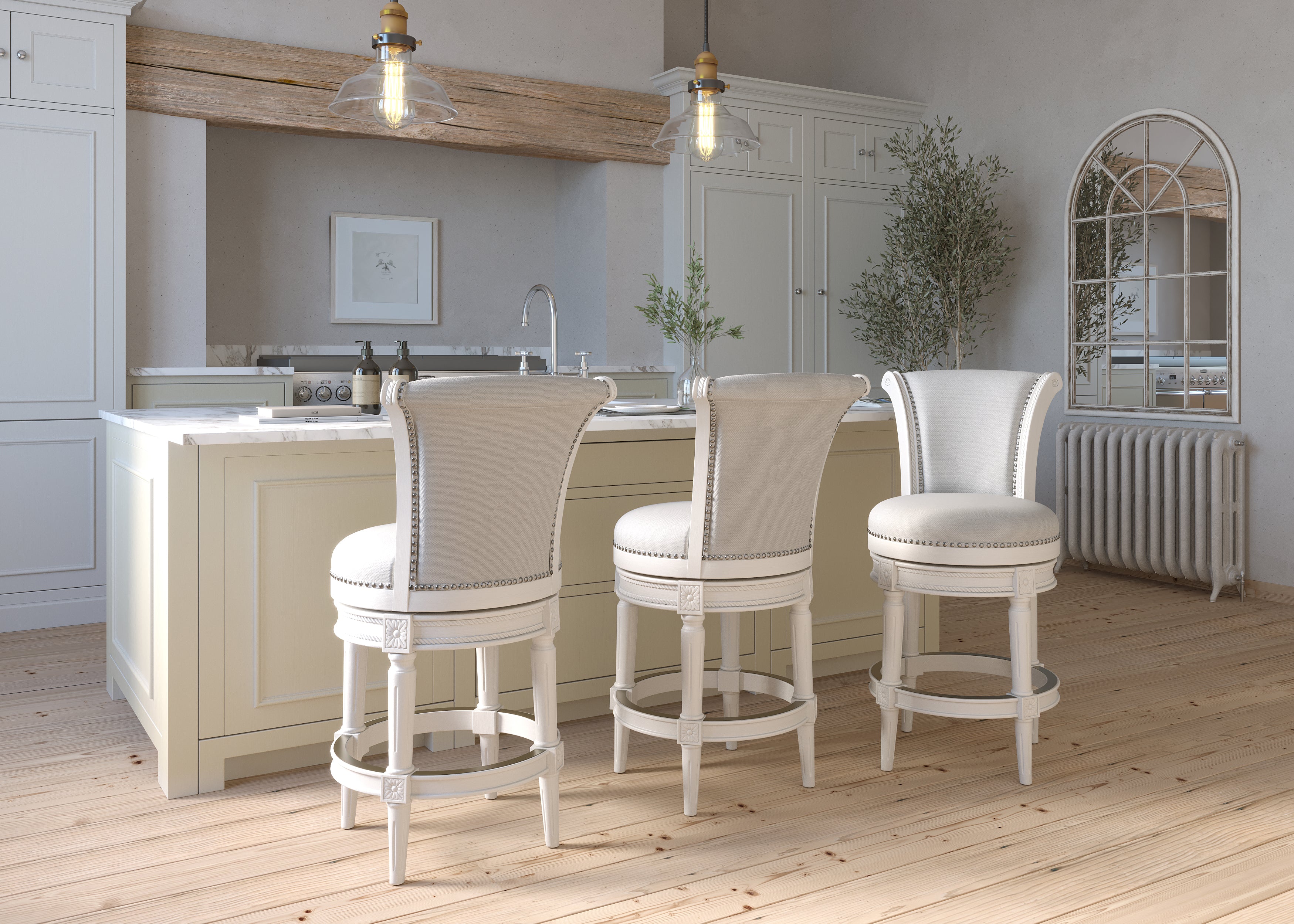 Charlotte Swivel Barstool in White with Grey Fabric