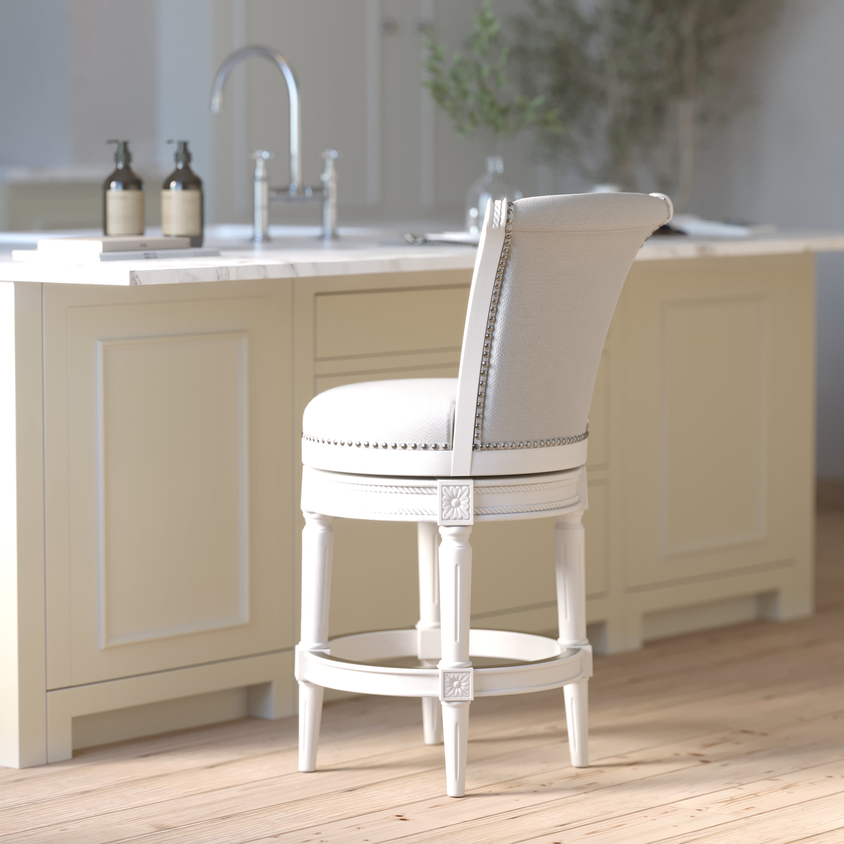 Charlotte Swivel Barstool in White with Grey Fabric