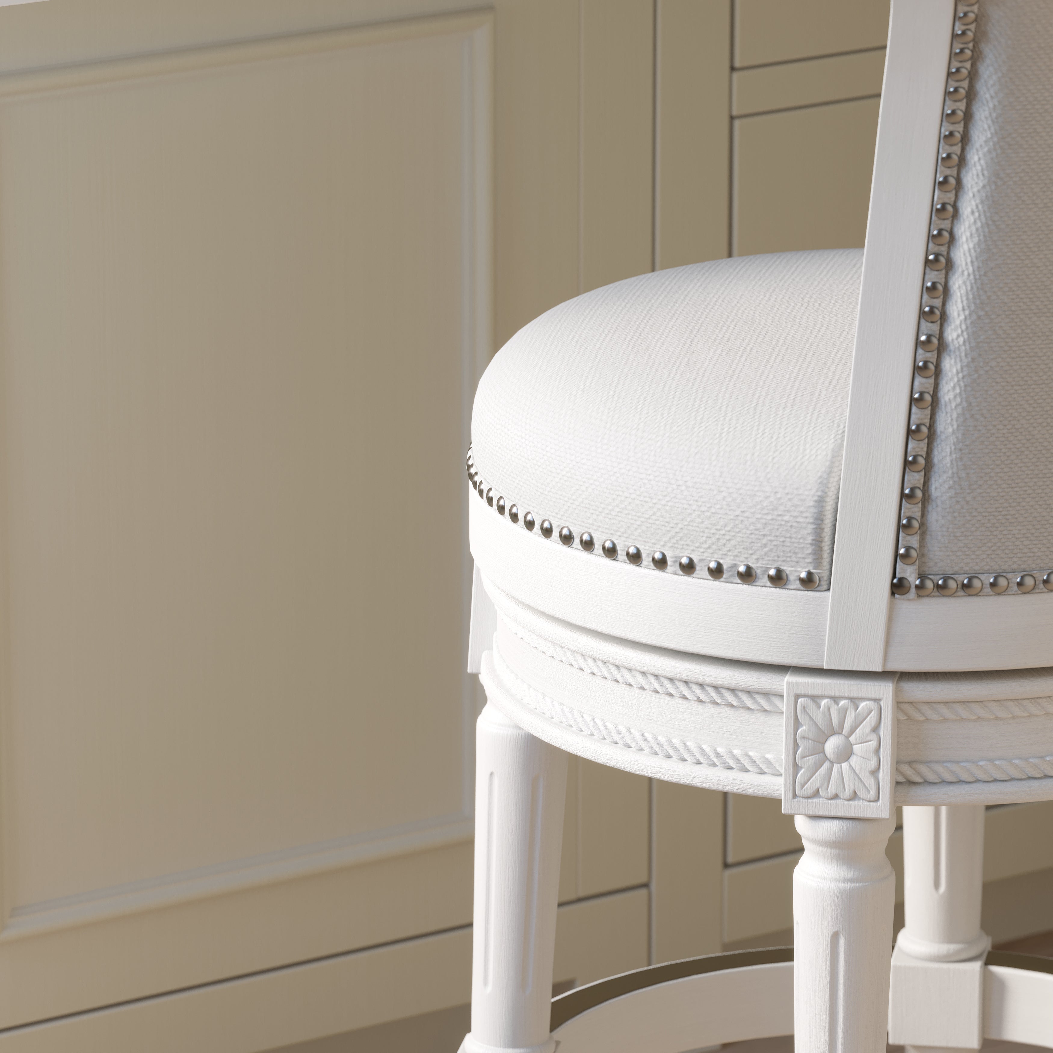 Charlotte Swivel Barstool in White with Grey Fabric