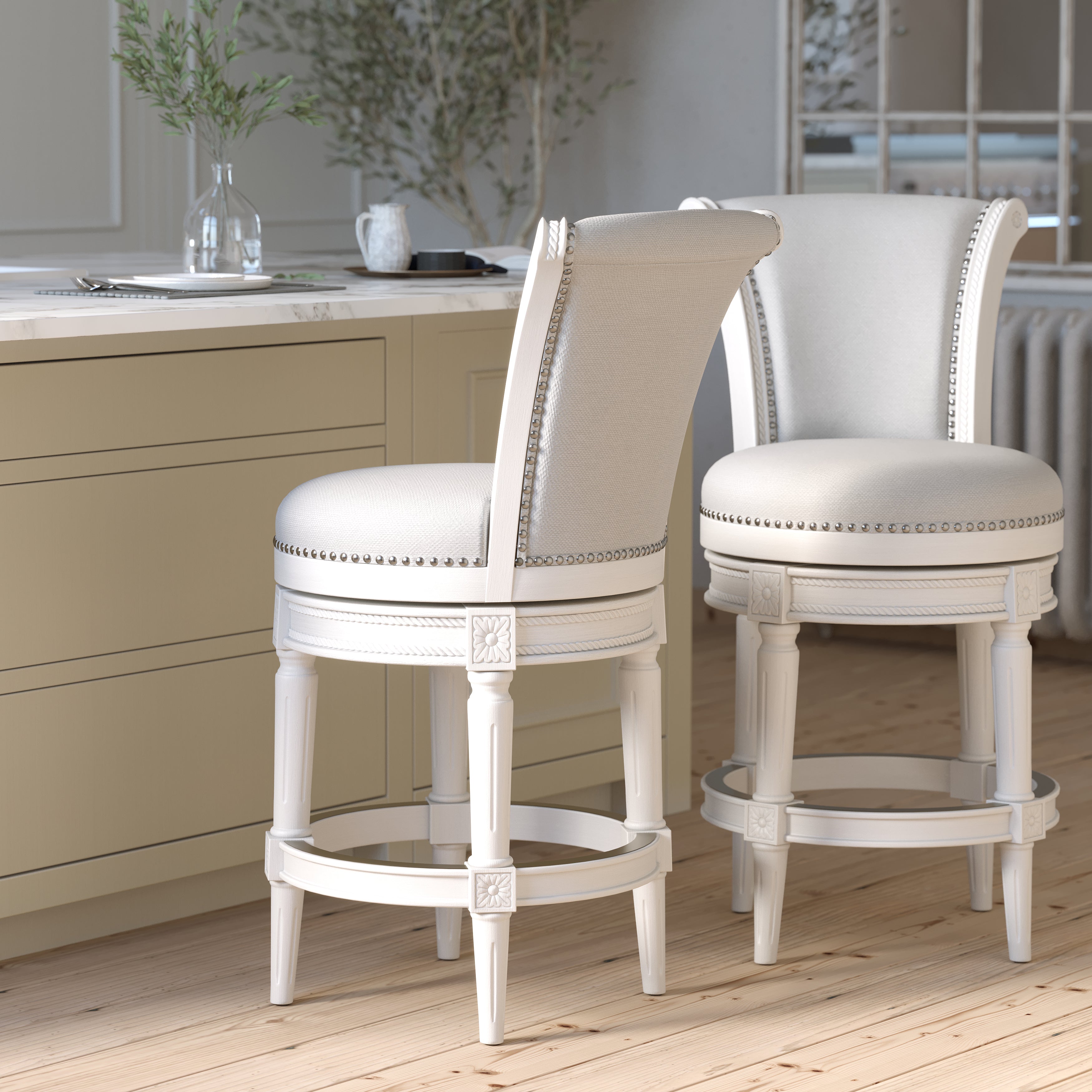 Charlotte Swivel Barstool in White with Grey Fabric