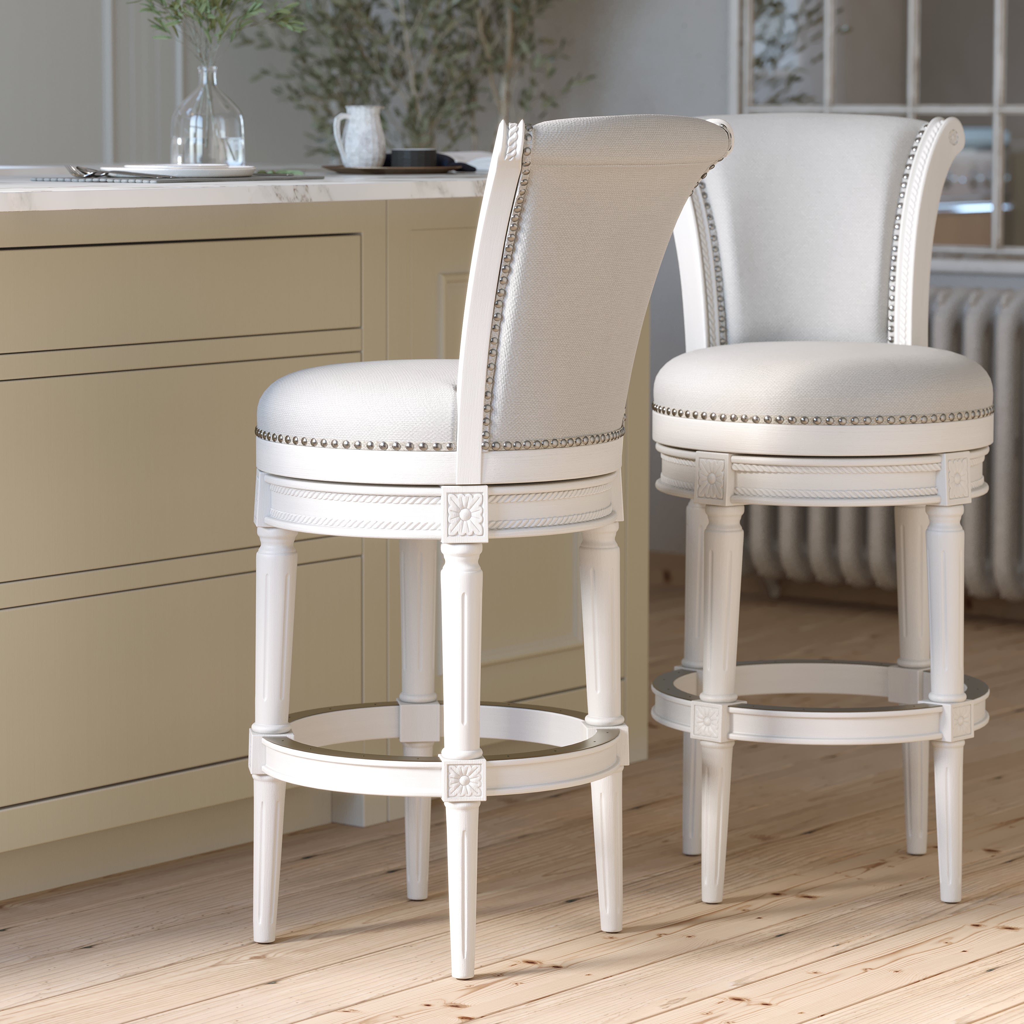 Charlotte Swivel Barstool in White with Grey Fabric