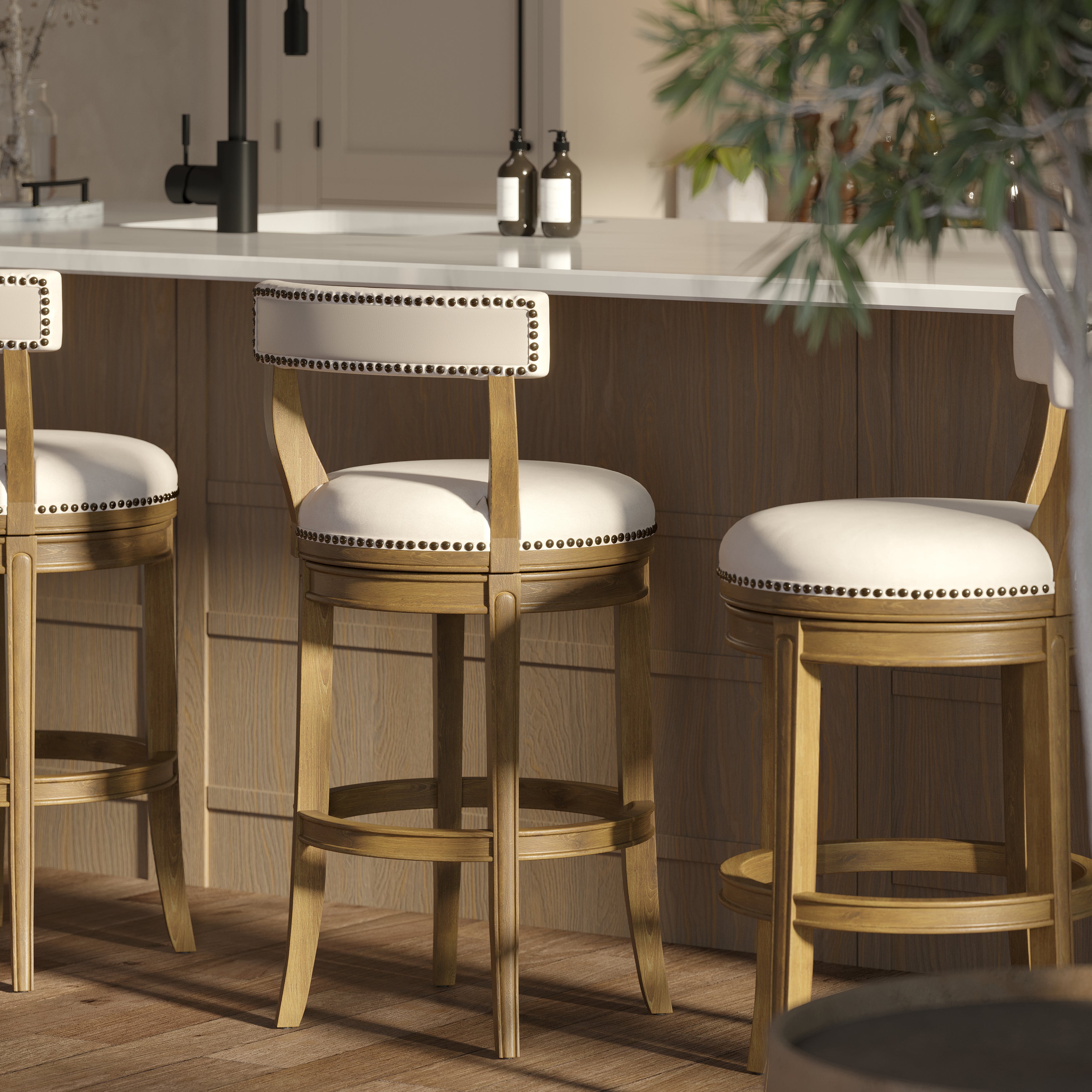 Morehead Stool in Pecan with Linen Seat