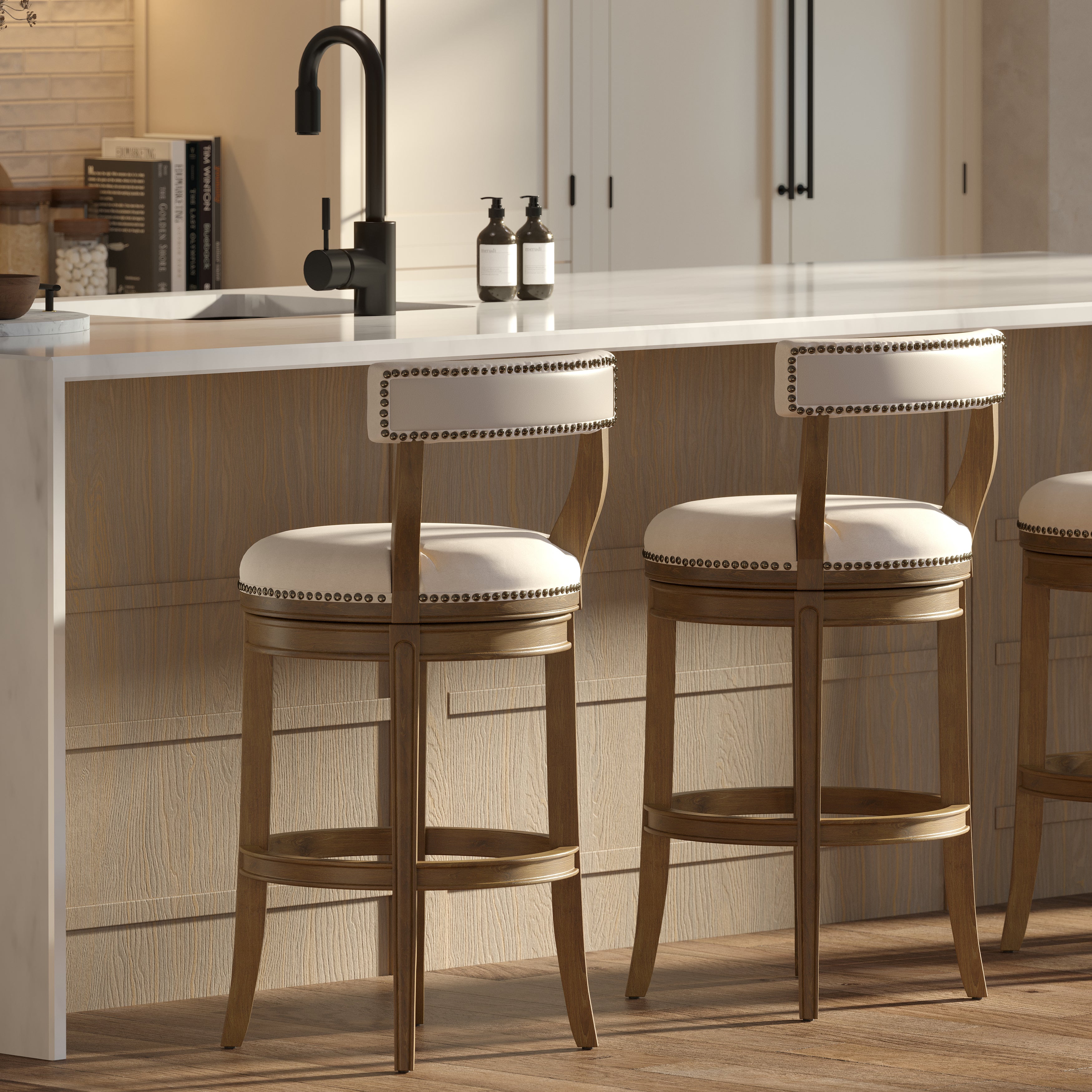 Morehead Stool in Pecan with Linen Seat