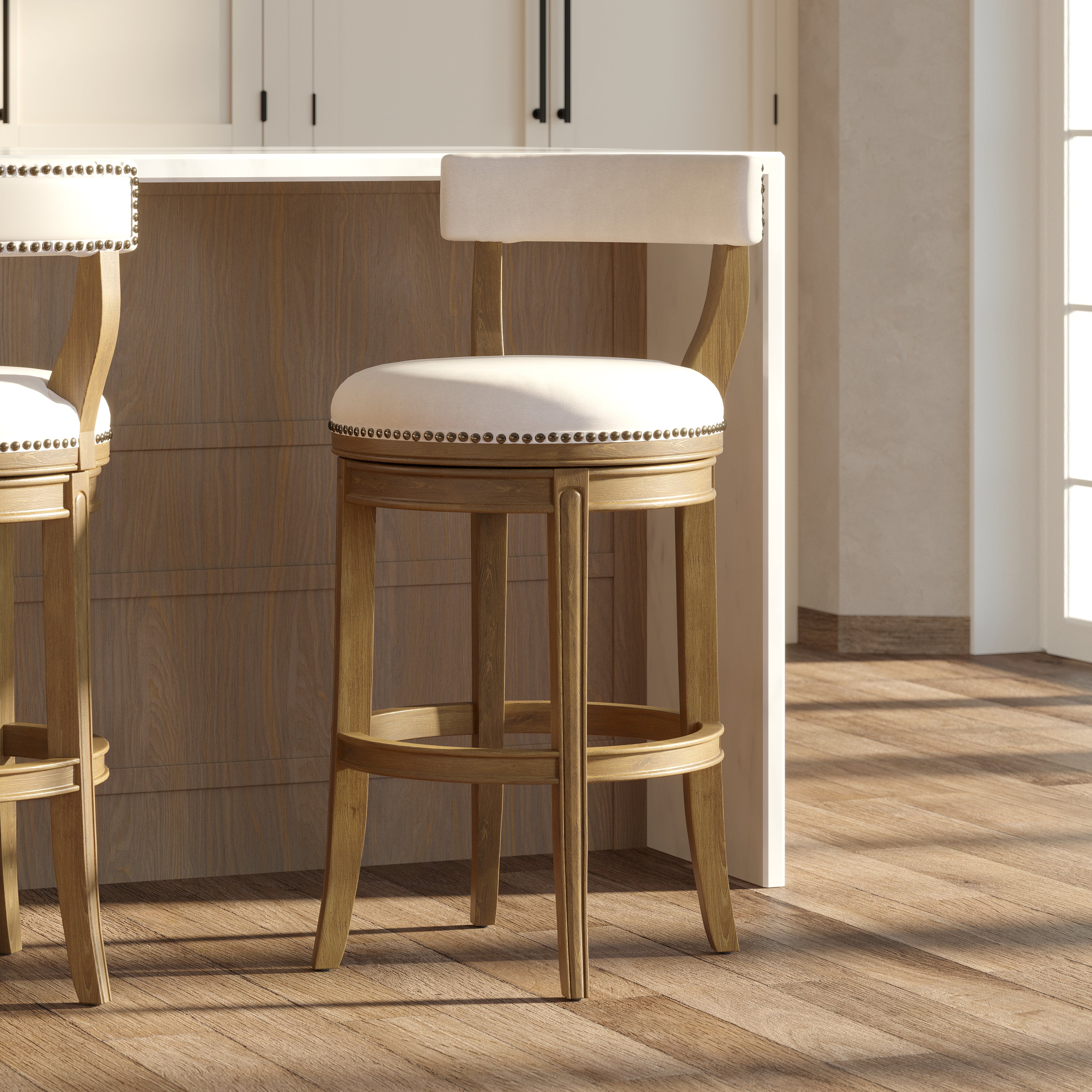 Morehead Stool in Pecan with Linen Seat