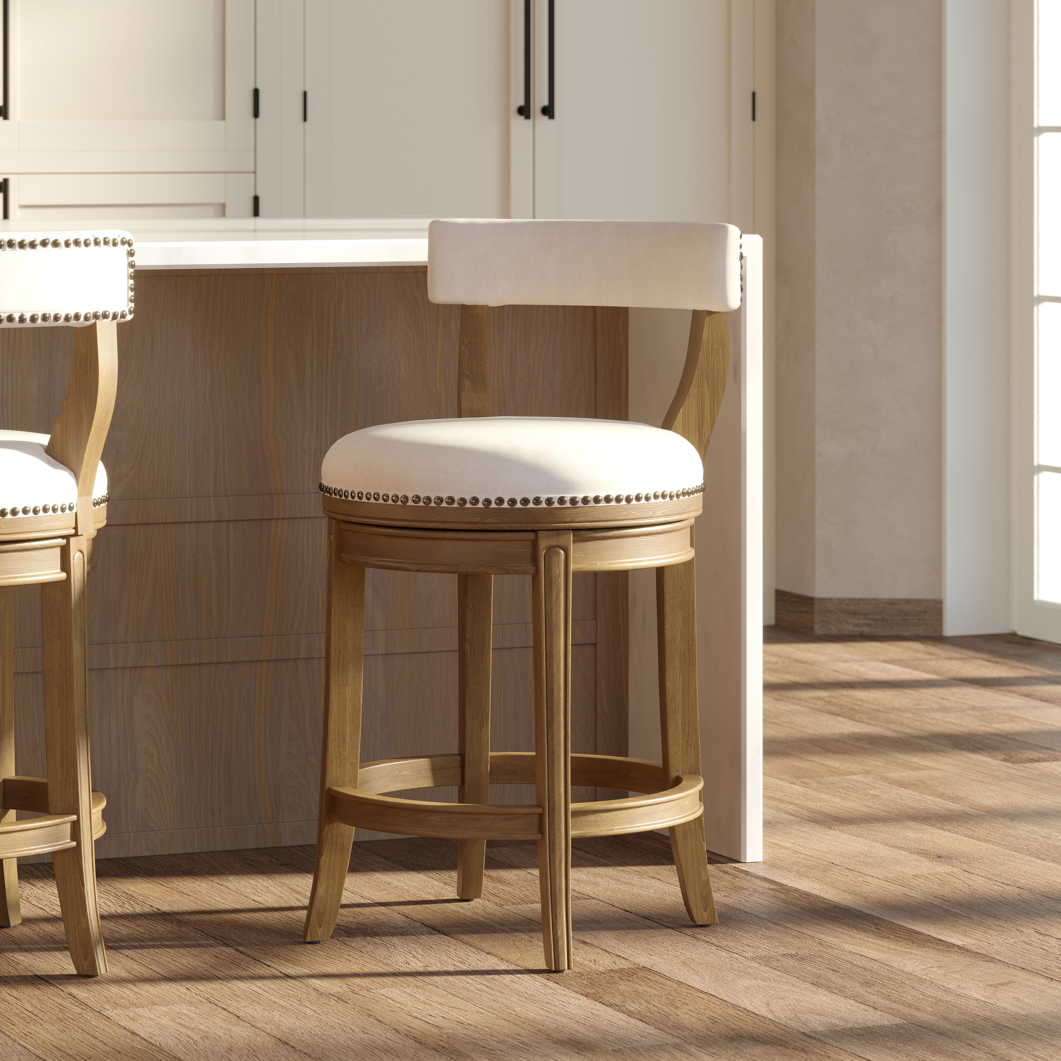 Morehead Stool in Pecan with Linen Seat