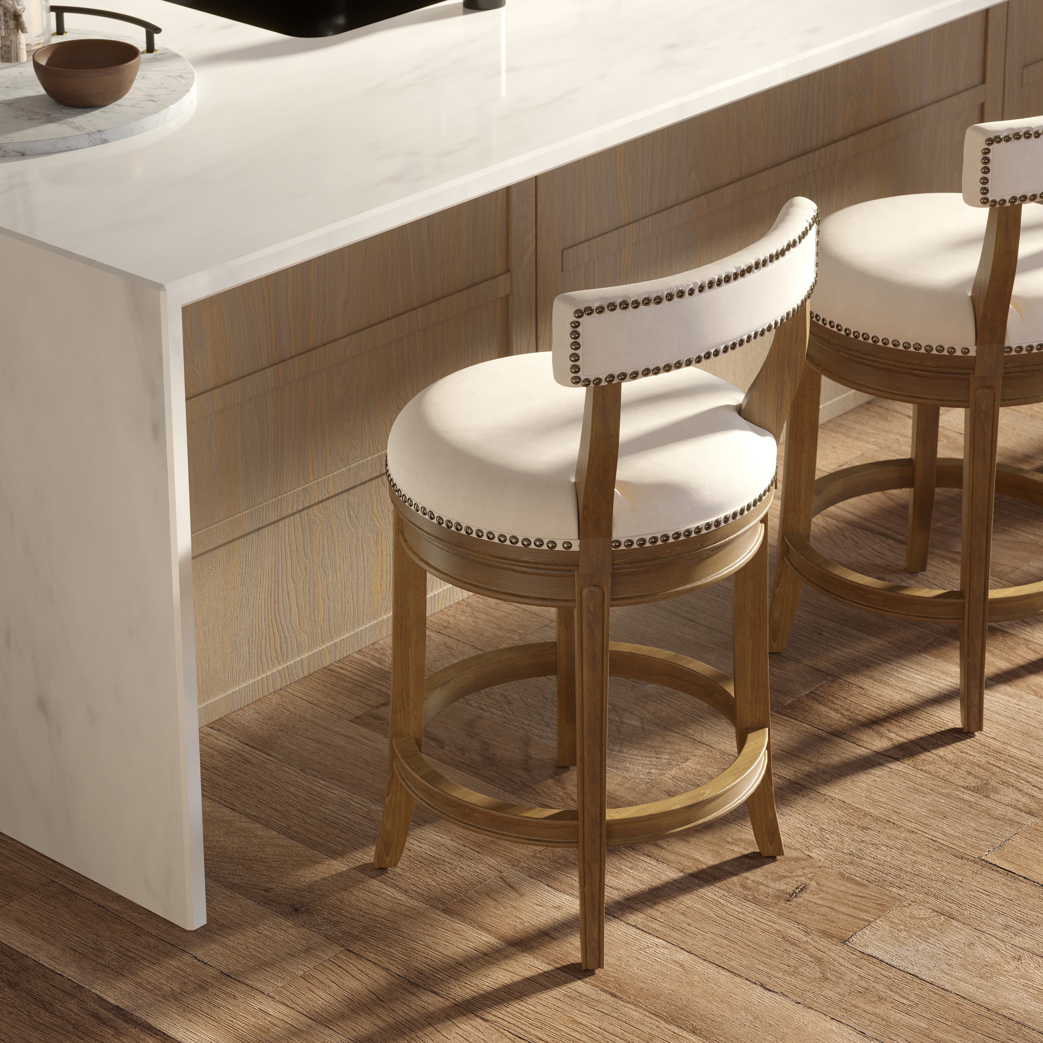 Morehead Stool in Pecan with Linen Seat