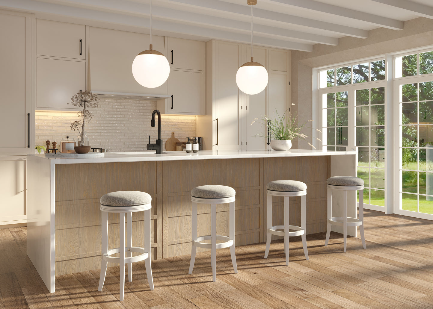 Cary Swivel Stool with Grey Fabric in White Finish