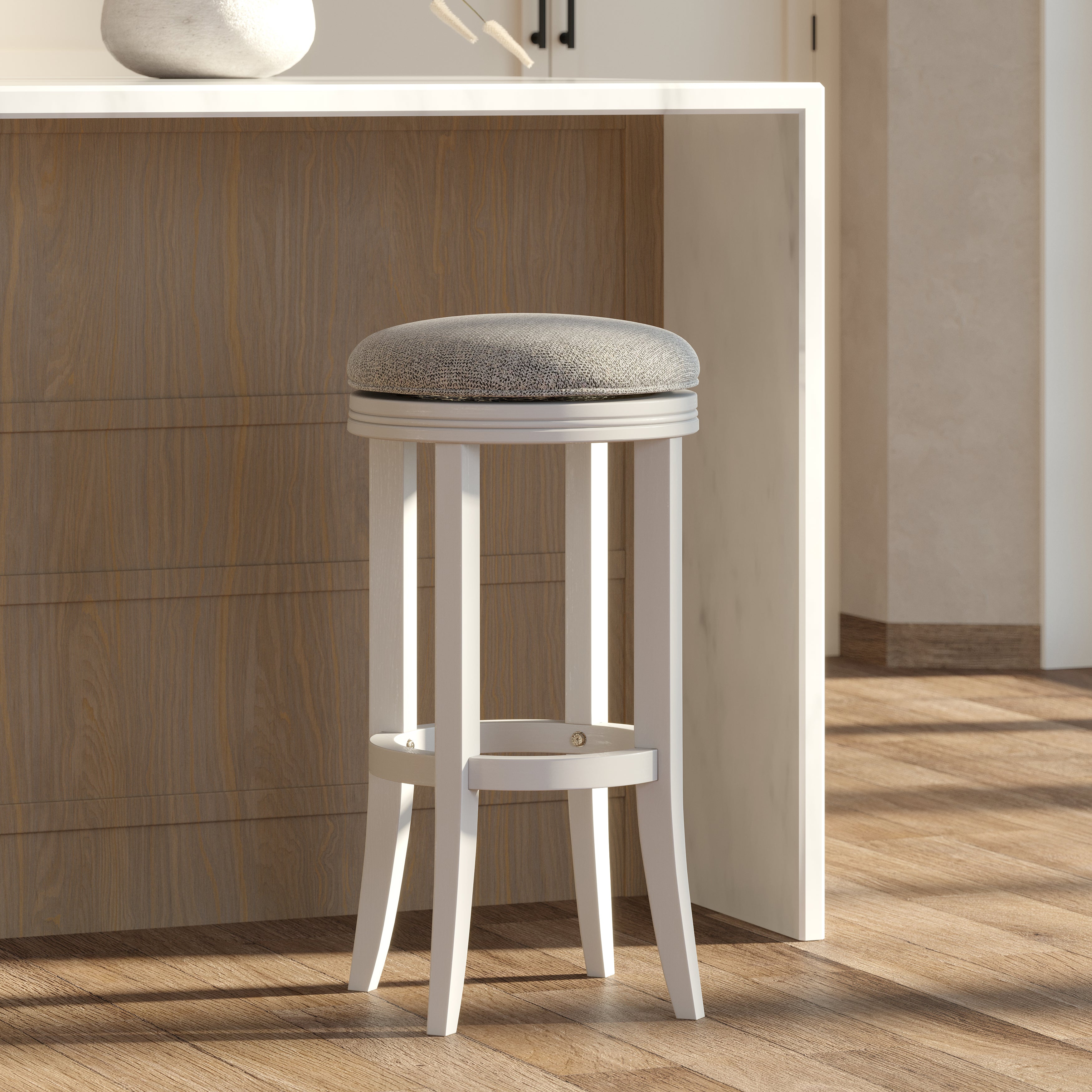 Cary Swivel Stool with Grey Fabric in White Finish